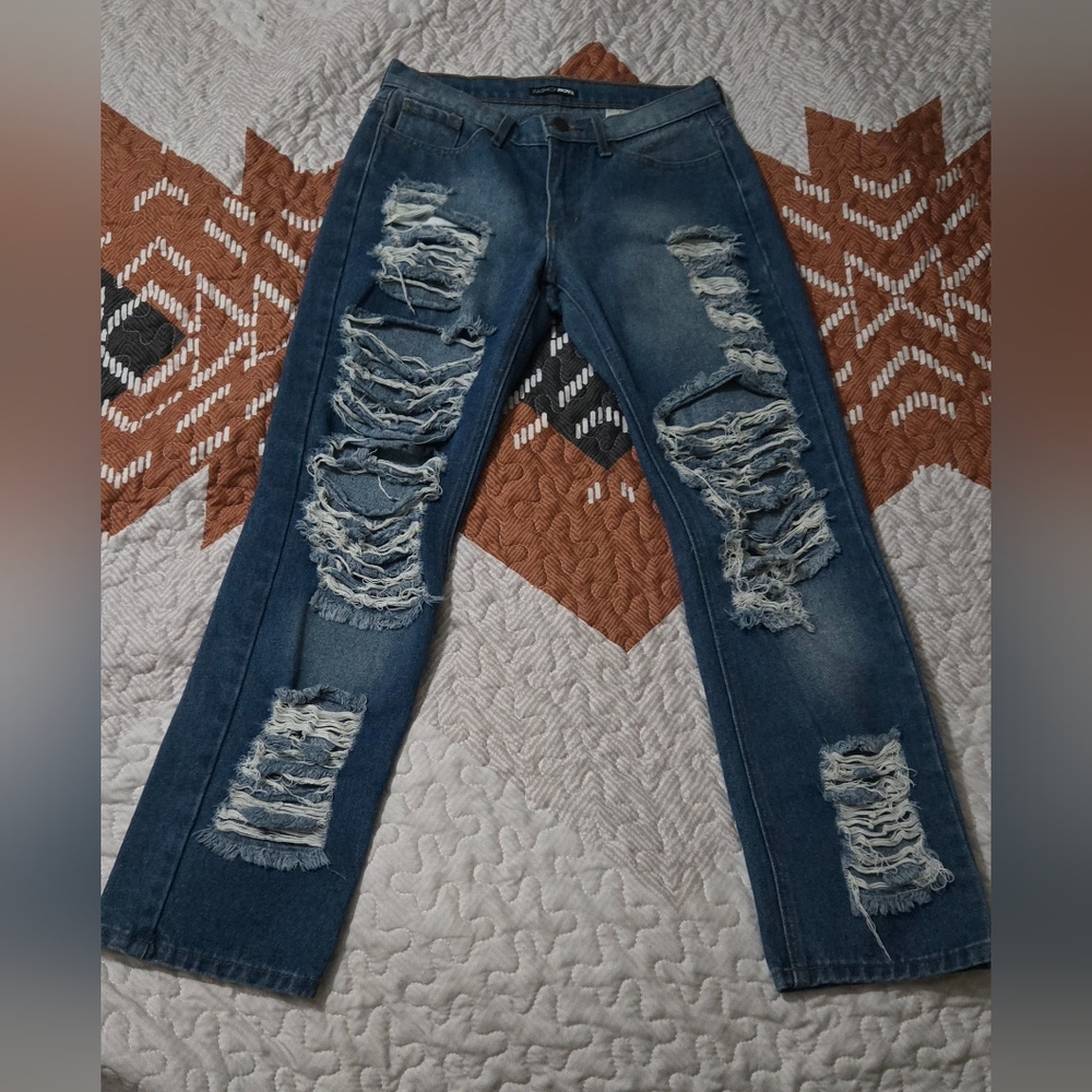 Fashion Nova Distressed Blue Relaxed Jeans
